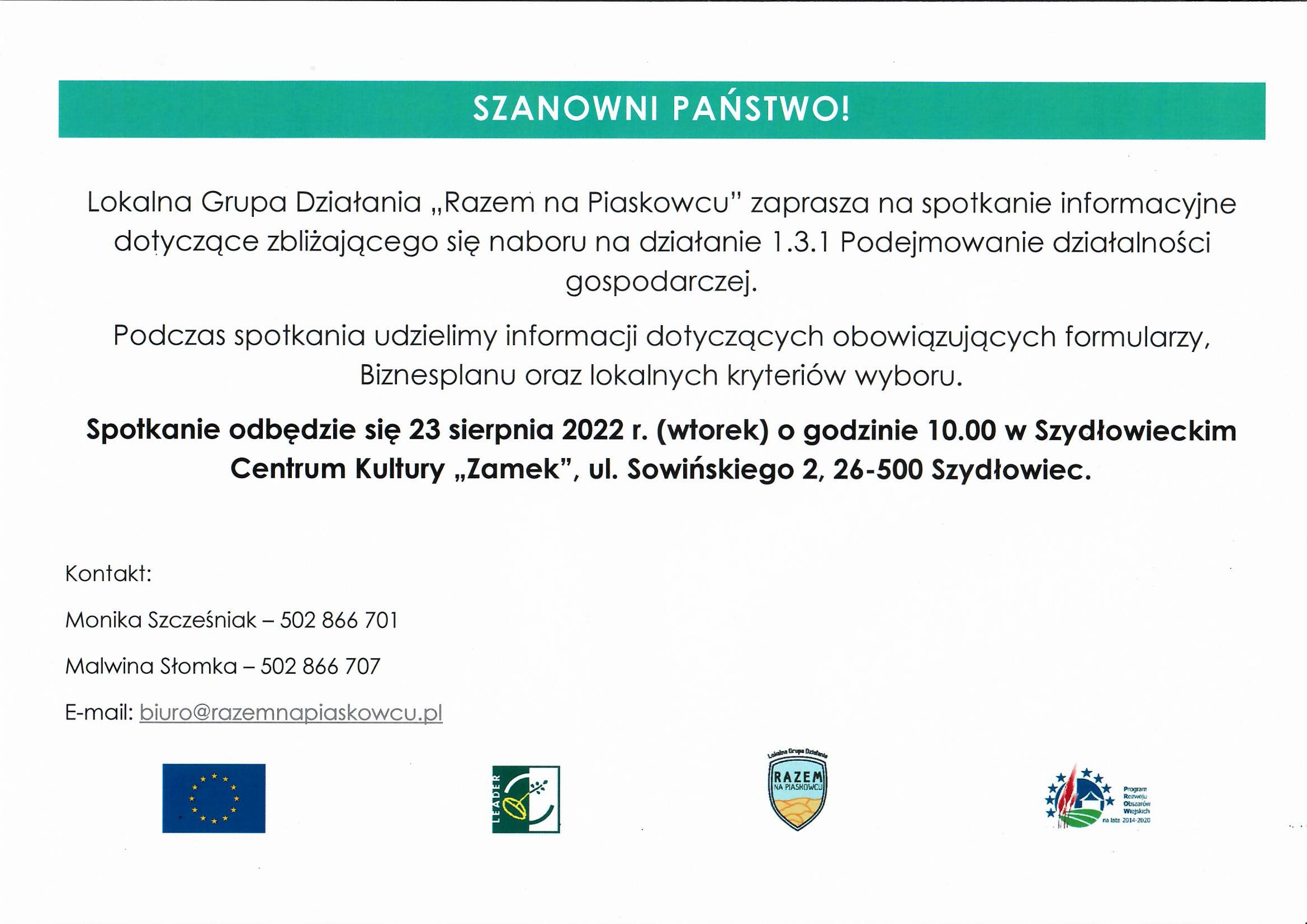 Informacja o szkoleniu LGD Razem na Piaskowcu