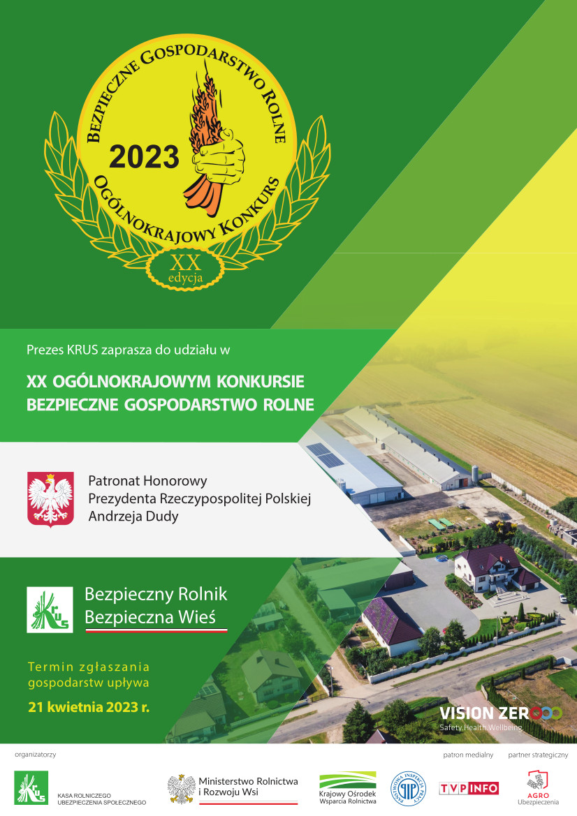 plakat - KRUS - zaprasza właścicieli Gospodarstw rolnych do udziału w XX Ogólnokrajowym Konkursie Bezpieczne Gospodarstwo Rolne
