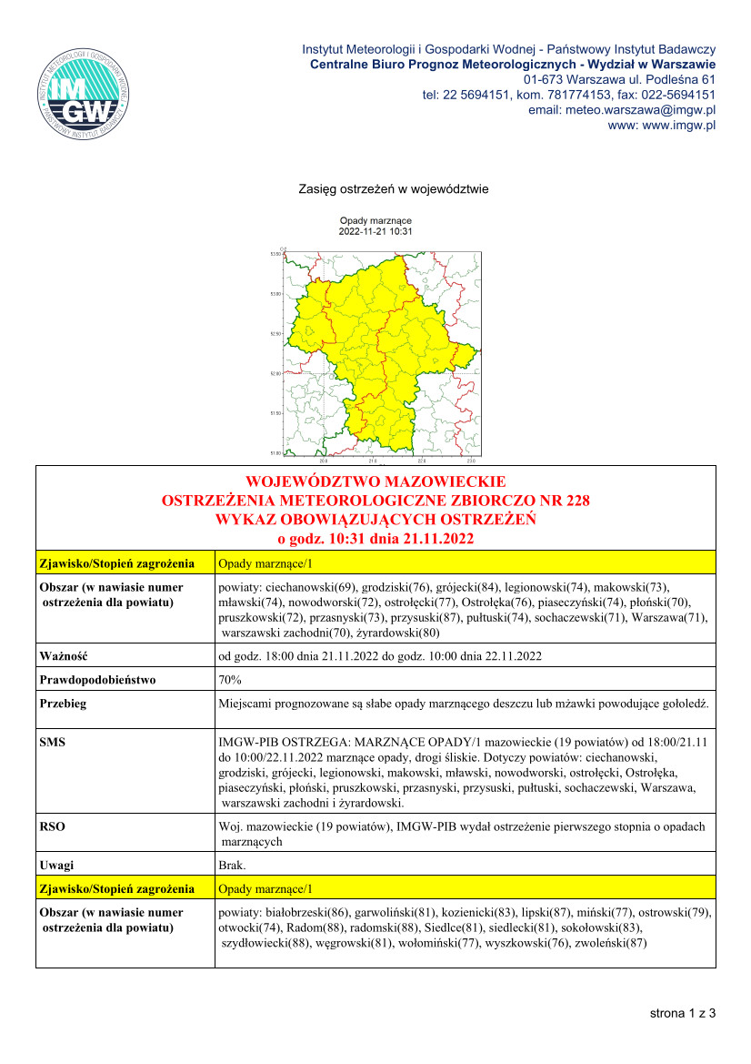 Ostrzeżenie Meteorologiczne zbiorczo nr 228 - MZW_STAN_20221121093212157_str1