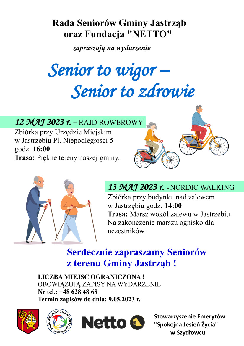 Plakat - Rada Seniorów Gminy Jastrząb oraz Fundacja "NETTO" zapraszają na wydarzenie „Senior to wigor - Senior to zdrowie”