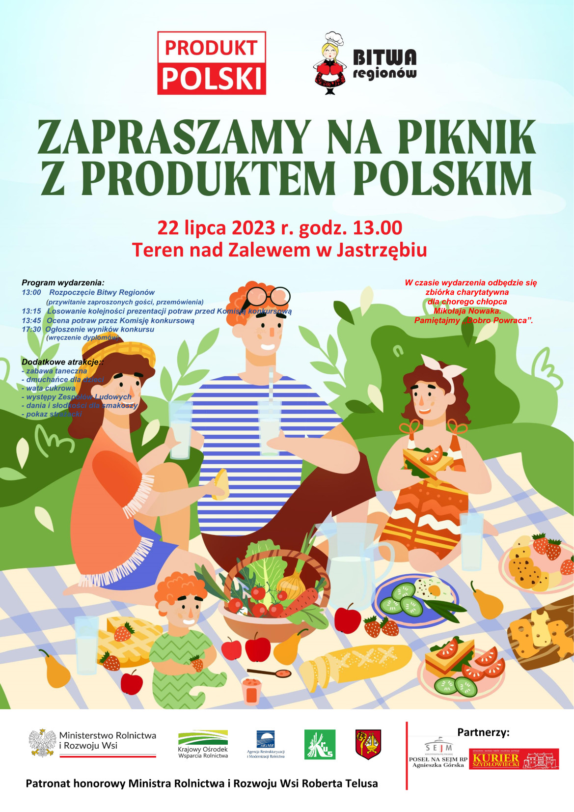 Zapraszamy na piknik z Produktem Polskim - 22 lipca 2023 r. godz. 13.00  Teren nad Zalewem w Jastrzębiu