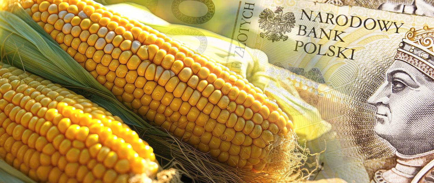 Dopłaty do kukurydzy - dwie kolby kukurydzy i banknot 200 zł w tle
