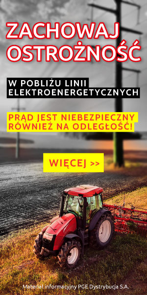 Baner - ZACHOWAJ OSTROŻNOŚĆ W POBLIŻU LINII ELEKTROENERGETYCZNYCH