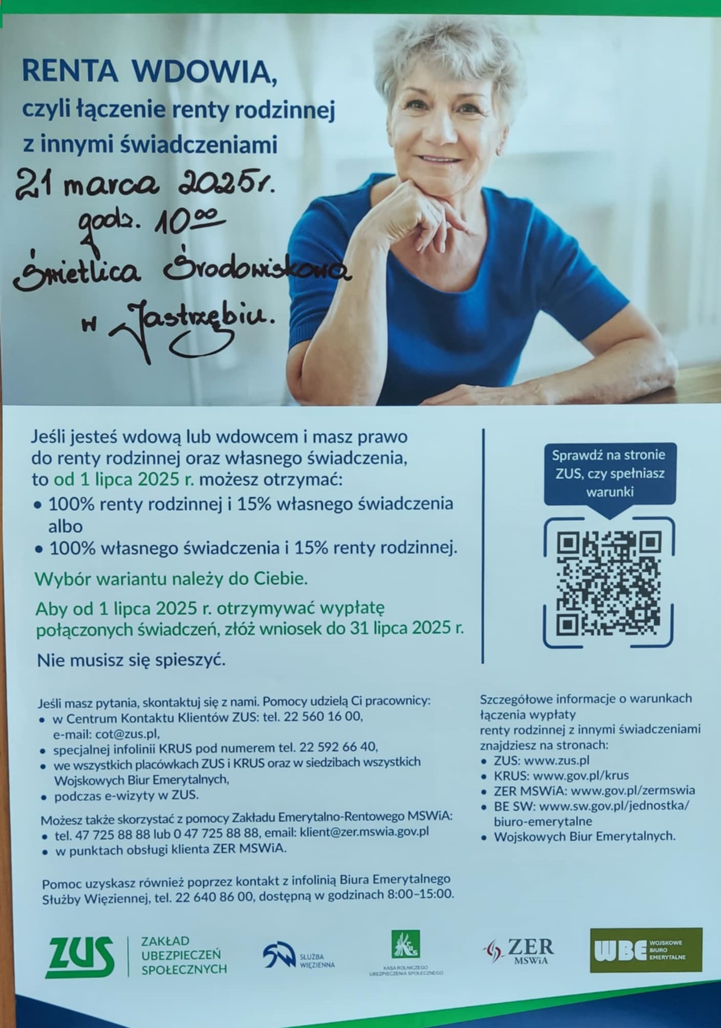 Plakat Renta wdowia, czyli łączenie wypłaty renty rodzinnej z innymi świadczeniami - treść w załączeniu