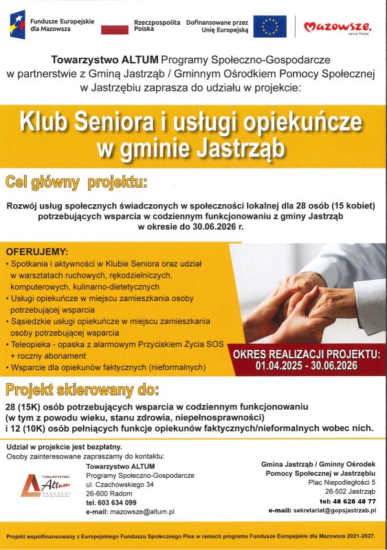 ulotka Klub Seniora i usługi opiekuńcze w gminie Jastrząb (skan - treść w artykule)