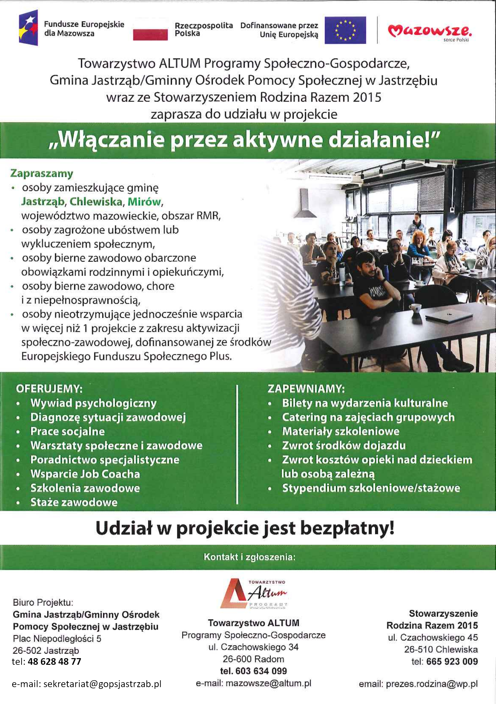 ulotka Zaproszenie do udziału w projekcie: Włączanie przez aktywne działanie!