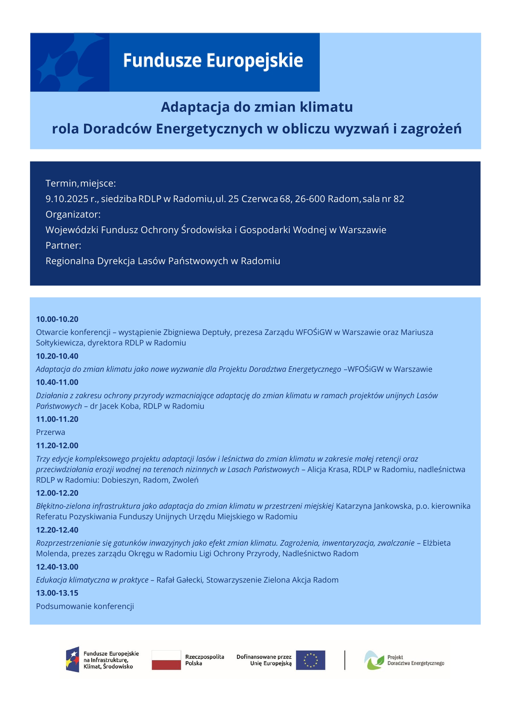Adaptacja do zmian klimatu rola Doradców Energetycznych w obliczu wyzwań i zagrożeń - Agenda