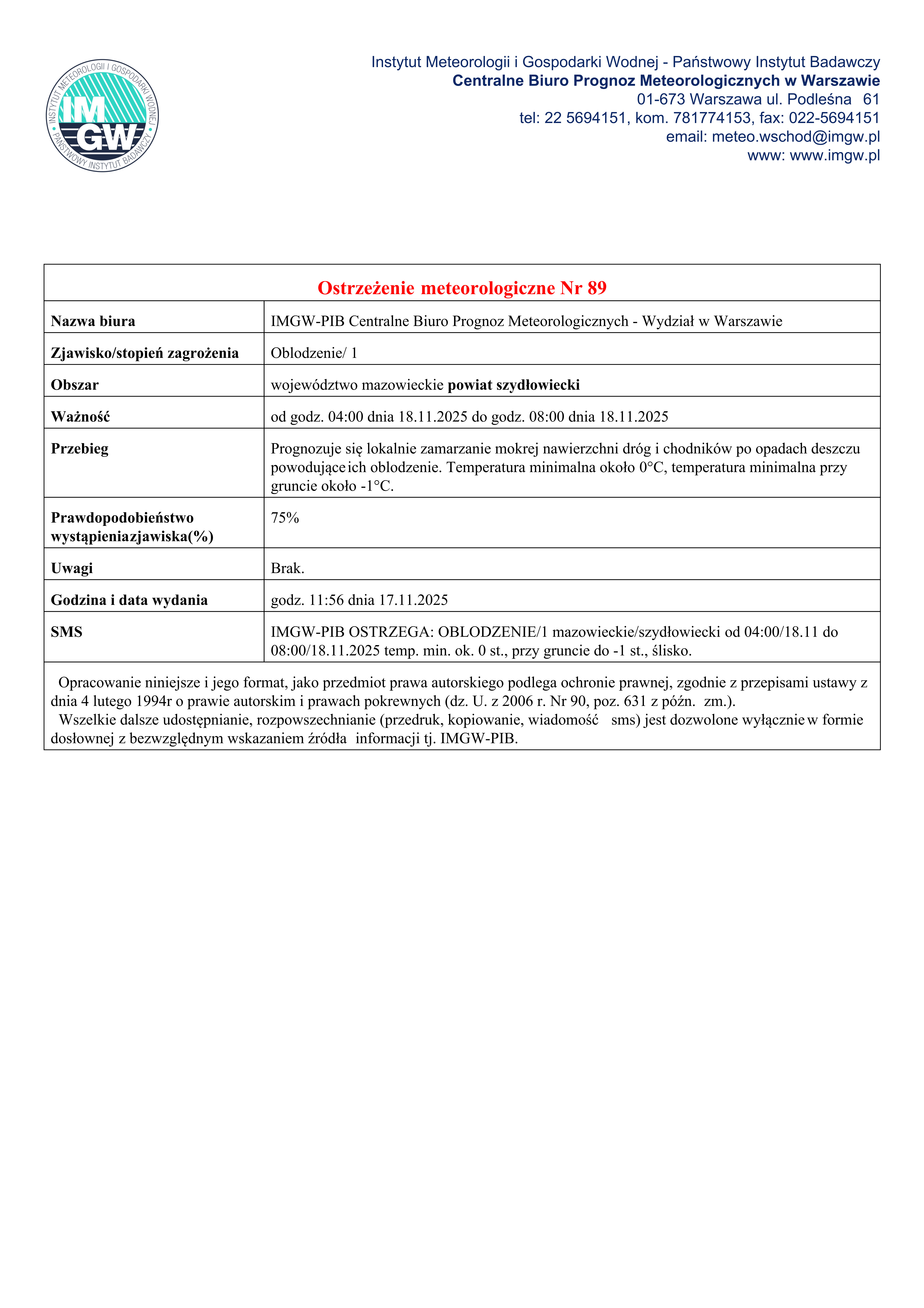 Ostrzeżenie meteorologiczne Nr 89