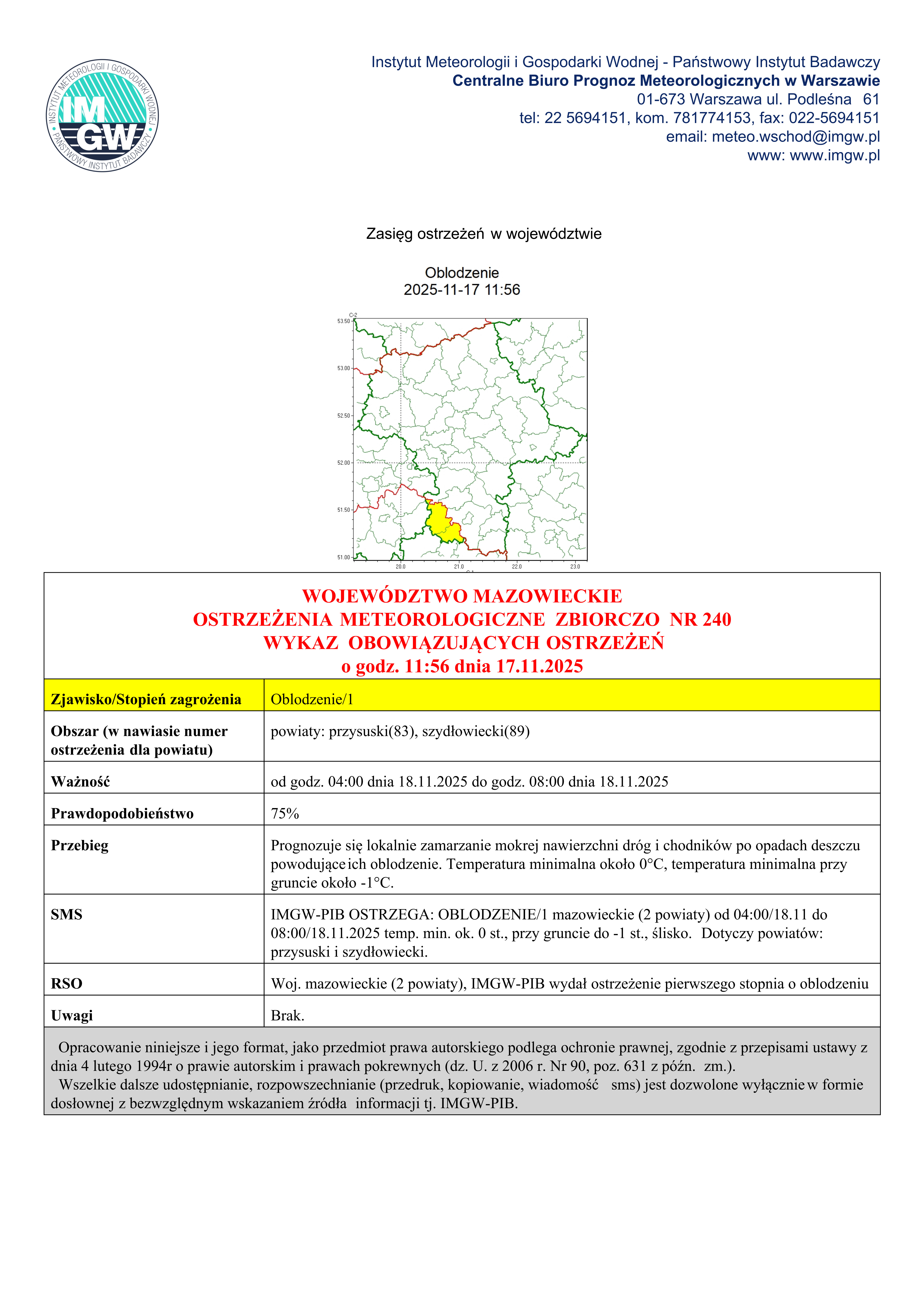 Ostrzeżenie meteorologiczne zbiorczo Nr 240