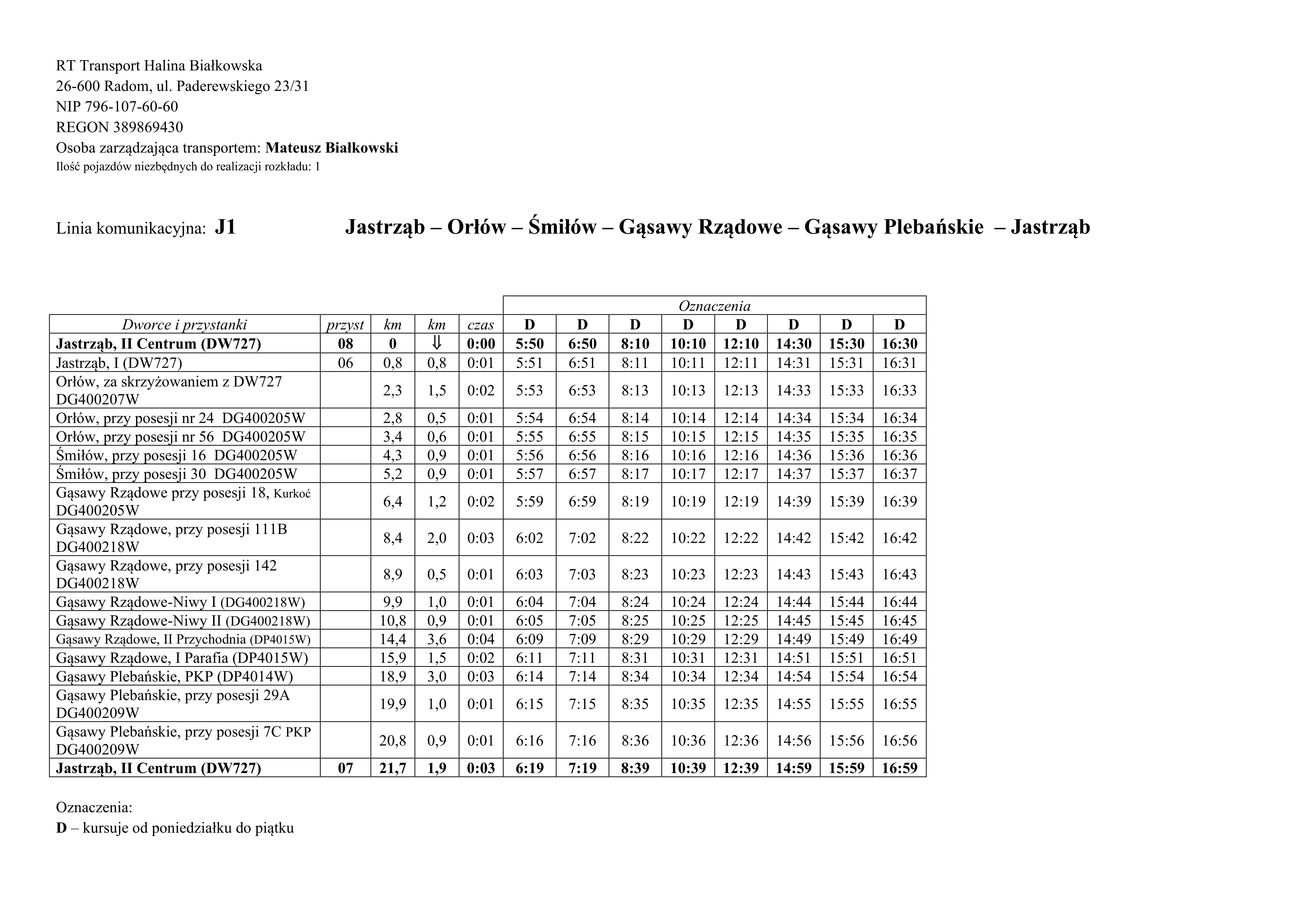 Rozkład Jazdy Linii Komunikacyjnej J1
