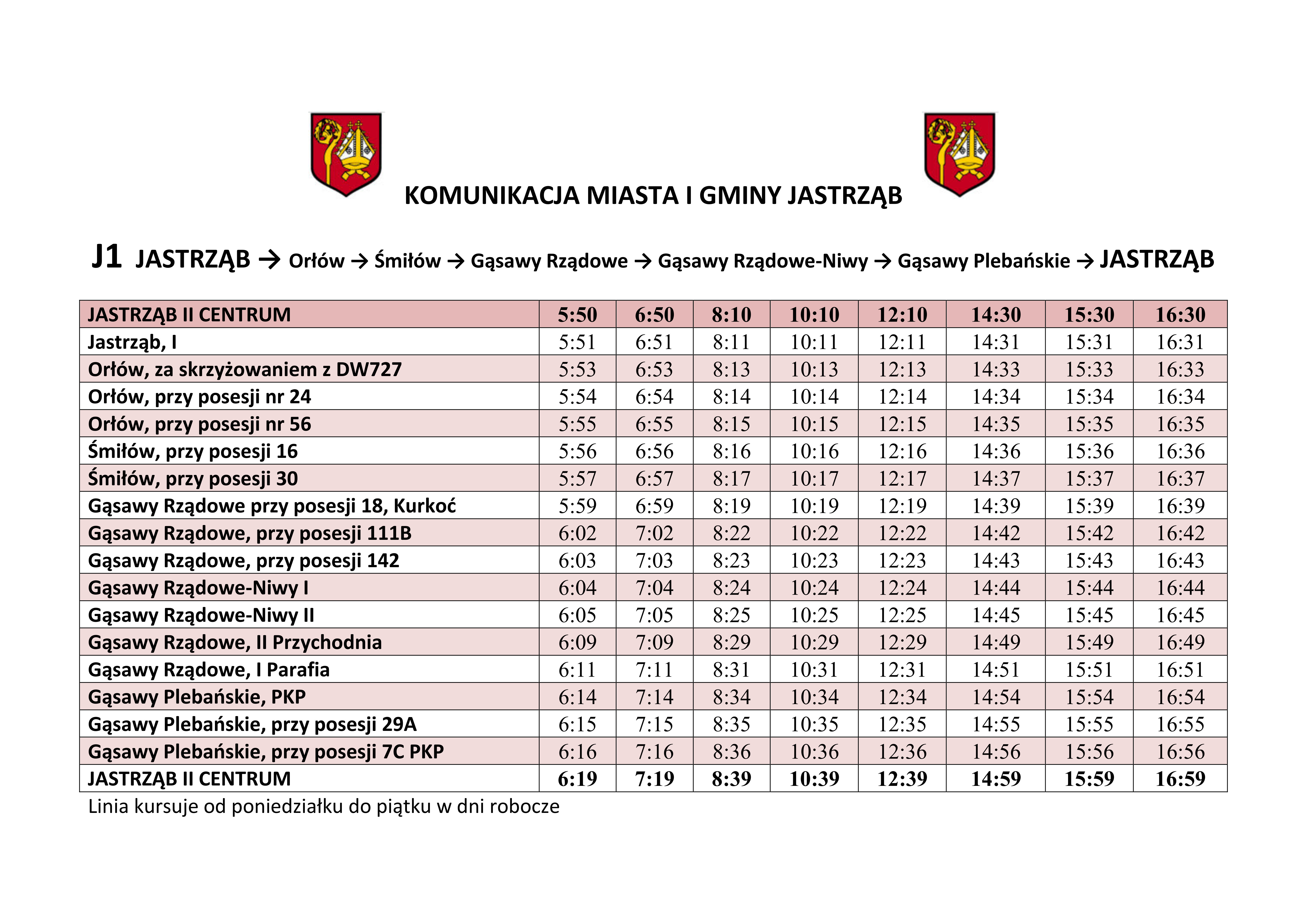 Rozkład Jazdy Linii Komunikacyjnej J1