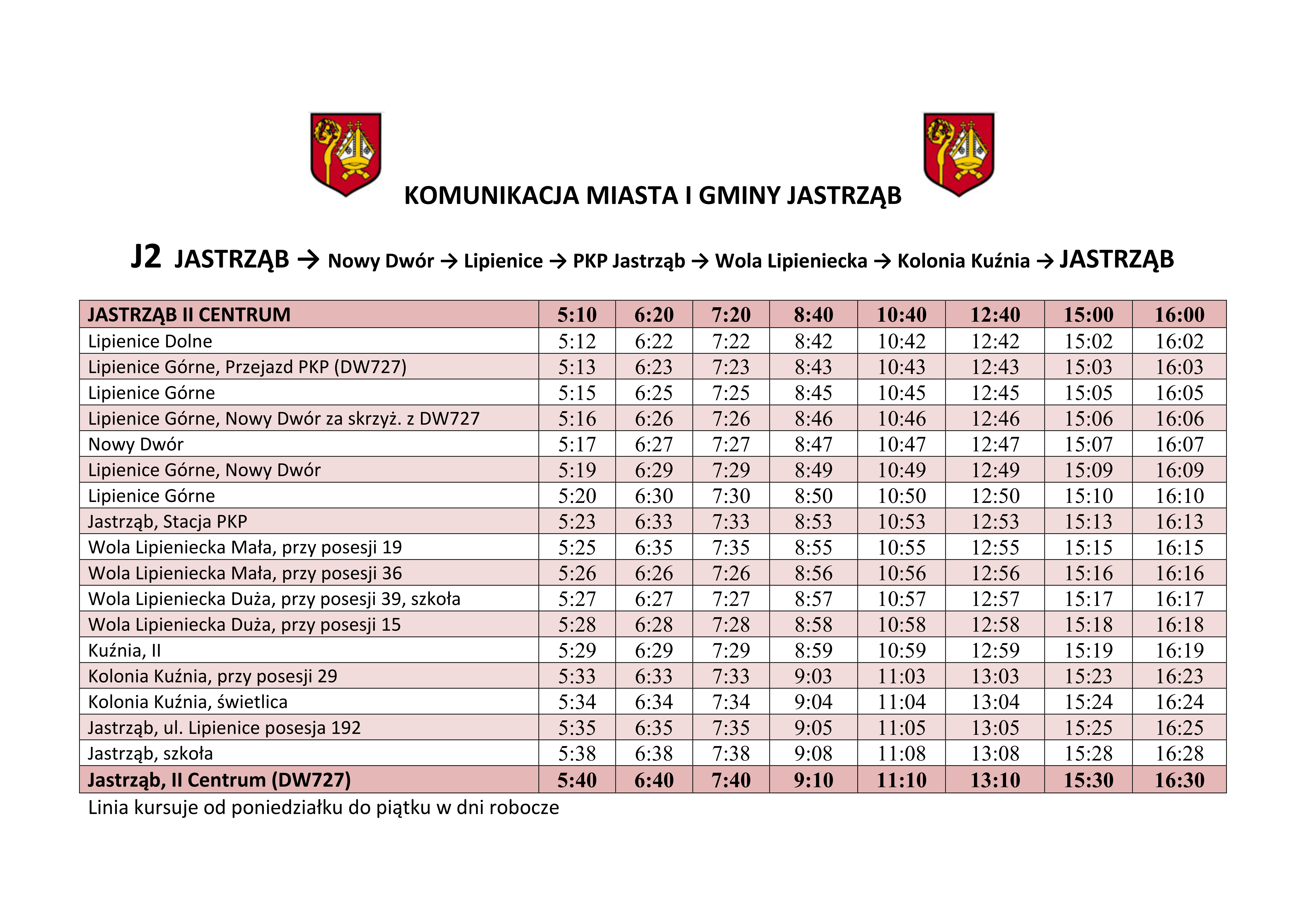 Rozkład Jazdy Linii Komunikacyjnej J2