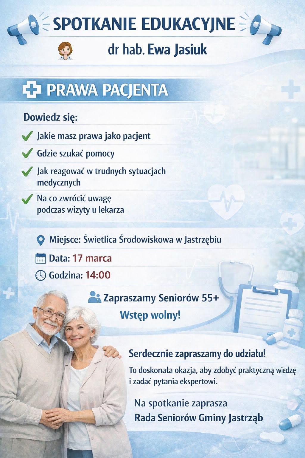 Plakat - Rada Seniorów Gminy Jastrząb zaprasza na SPOTKANIE EDUKACYJNE - treść w artykule
