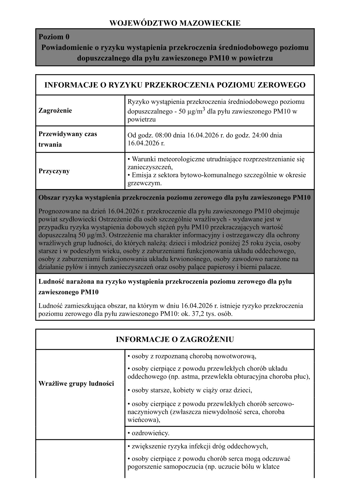 Powiadomienie o ryzyku wystąpienia przekroczenia średniodobowego poziomu dopuszczalnego dla pyłu zawieszonego PM10 w powietrzu - Strona 1