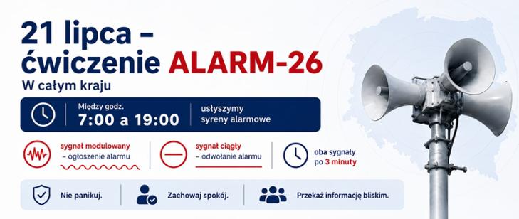 Baner "21 lipca - ćwiczenie ALARM-26" - treść w artykule