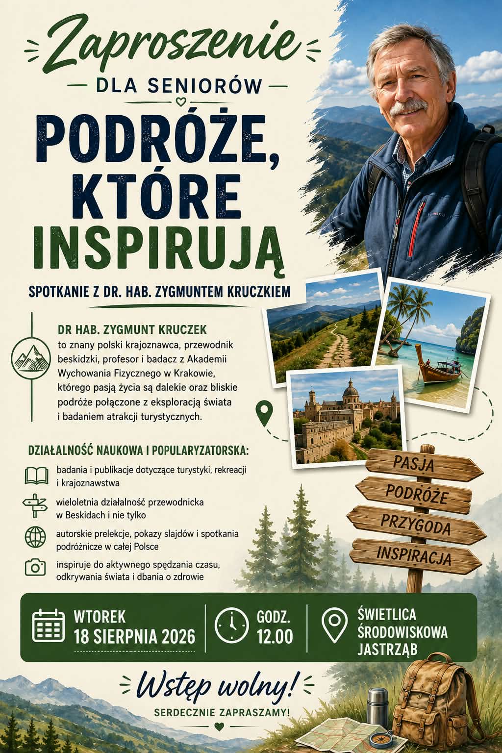 Plakat - Zaproszenie na wyjątkowe spotkanie pod hasłem: Podróże, które inspirują