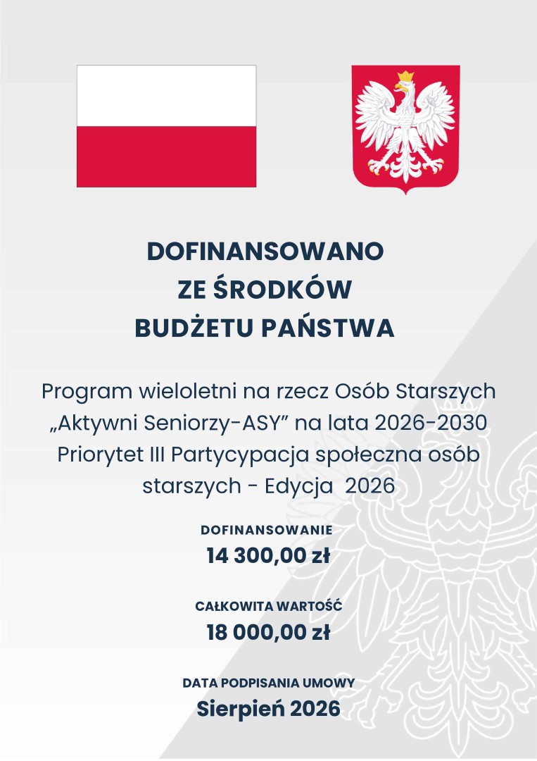 "Dofinansowano ze środków Budżetu Państwa program wieloletni na rzecz Osób Starszych „Aktywni Seniorzy-ASY” na lata 2026-2030 Priorytet III Partycypacja społeczna osób starszych - Edycja 2026" - treść w artykule
